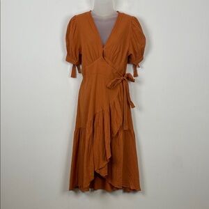 Simplee Ruffle Cottagecore Coquette Short Sleeve Women's L Rust Midi Wrap Dress